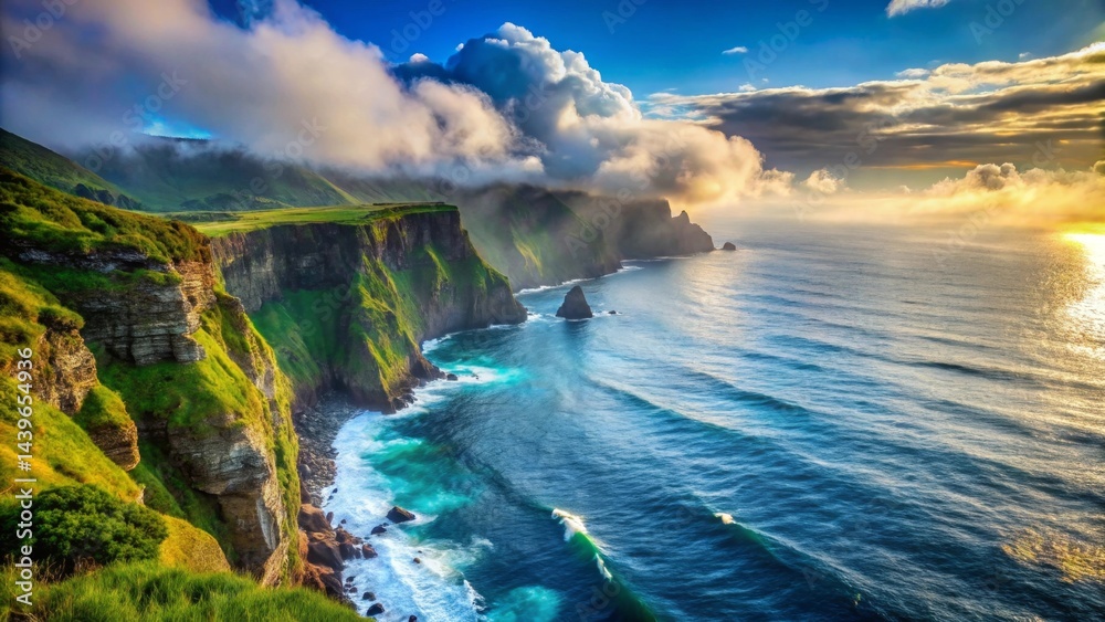 Fototapeta premium Dramatic Coastal Cliffs at Sunrise with Rolling Ocean Waves and Misty Mountains