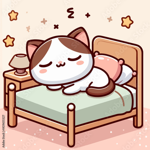 Stylized cartoon feline character is depicted napping on a bed.  The style is friendly and inviting.