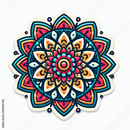Colorful, symmetrical mandala featuring detailed patterns and vibrant hues.