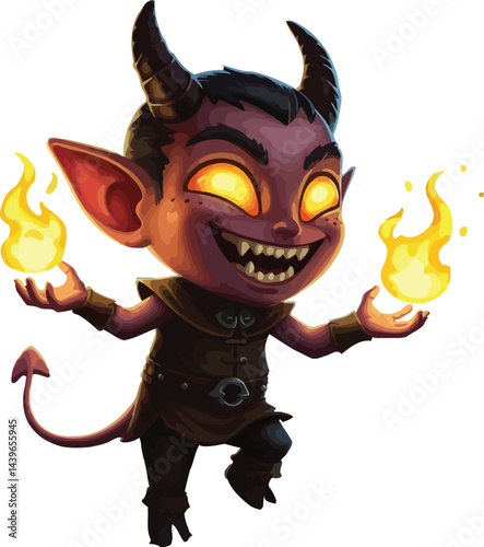 Charming Fiend: A cute imp character, a small devil, with glowing eyes and holding fireballs, emanating a sense of playful mischief.