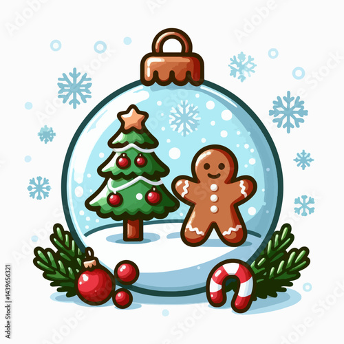 _99c6bf1e-a336-4467-a722-eec559de528a_tracedWhimsical christmas snow globe illustration featuring a gingerbread man and christmas tree inside.
