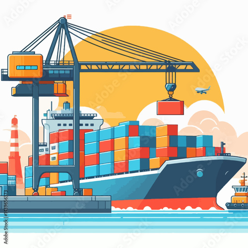 Digitally illustrated scene depicts a large cargo ship in a port, being loaded by a crane.  Shipping containers are stacked high on the ship.