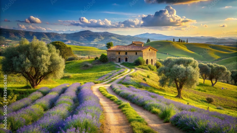 Obraz premium Serene Sunset Landscape Featuring a Rustic Farmhouse Nestled Amongst Rolling Hills and Vibrant Lavender Fields