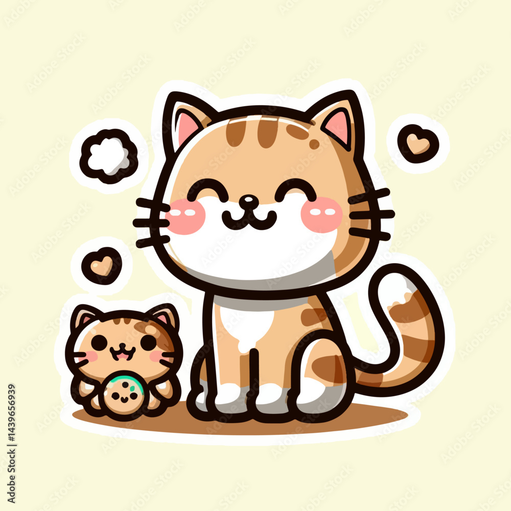 Fototapeta premium Graphic illustration of a large tabby cat and a small kitten sharing a sweet treat in a charming and whimsical style.