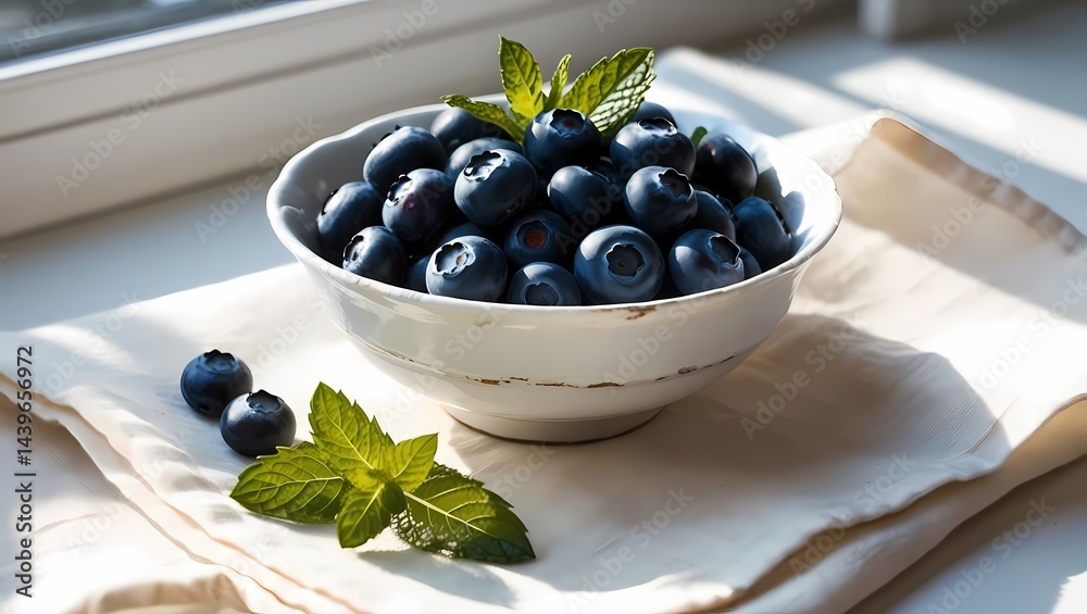 Fresh blueberries in a white bowl with mint leaves on a light cloth by a window