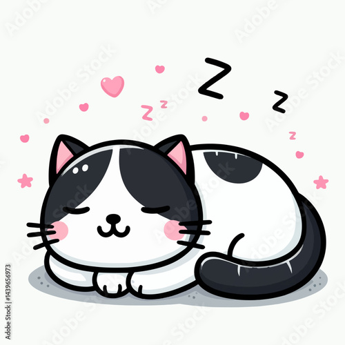 Stylized, cartoonish depiction of a black and white cat napping serenely.