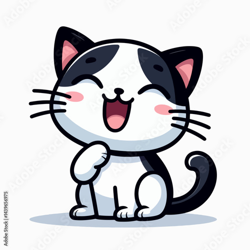 Cheerful black and white cartoon feline, sitting and smiling widely.