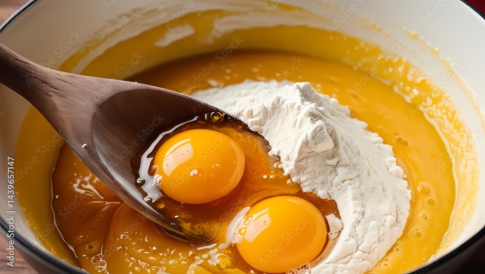 Mixing eggs and flour for baking in a bowl on a wooden table
