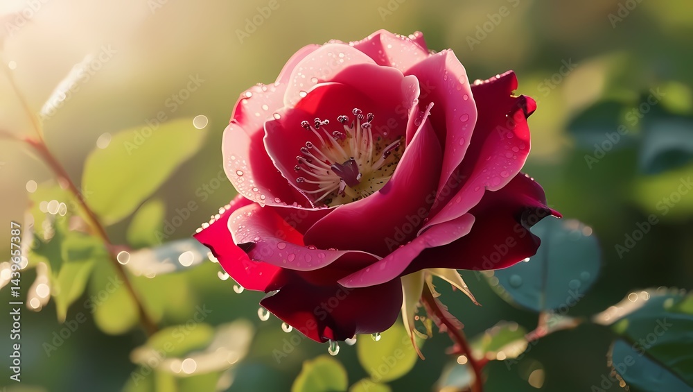 Beautiful rose with droplets glistening in sunlight in a garden during early morning