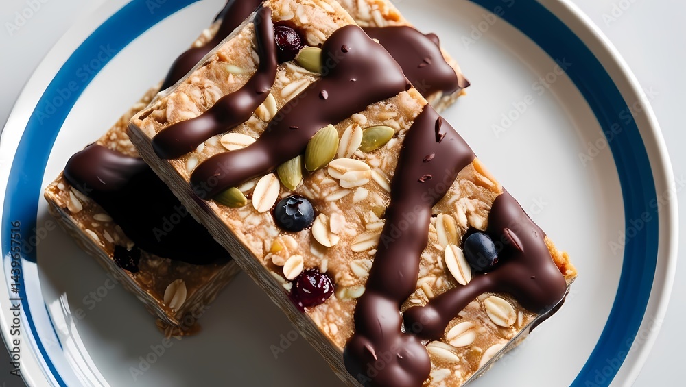 Healthy snack bars with chocolate drizzle on a white plate and blue rim