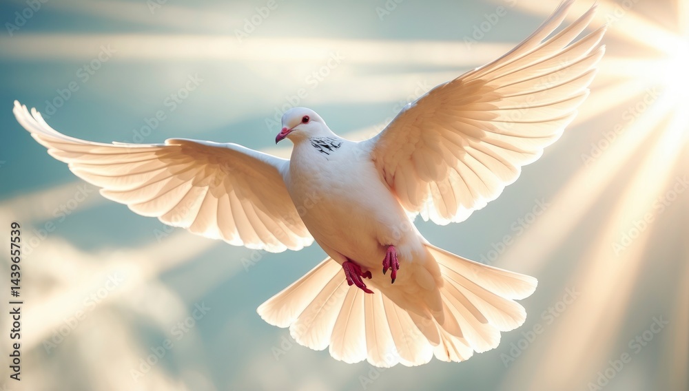 Fototapeta premium Dove soars through a sky filled with radiant light, embodying hope and freedom with its