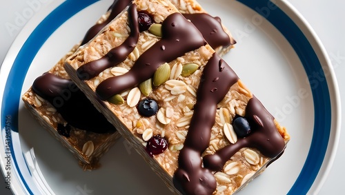 Obraz na płótnie Healthy snack bars with chocolate drizzle on a white plate and blue rim w salonie
