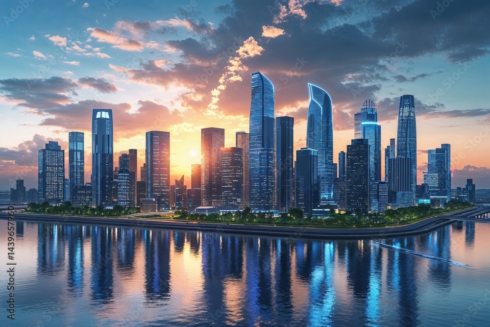 Fototapeta premium Futuristic Smart City Skyline Highlighting BioEnergy Integration in Urban Grid Solutions