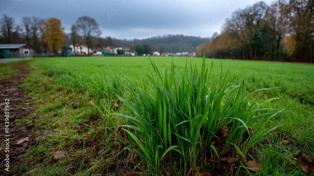 Close-up of dewy green grass in a lush meadow on a cloudy morning with farm buildings and trees in background Close-up of dewy green grass in a lush meadow on a cloudy morning with farm buildings and trees in background