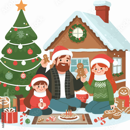 Family gathers outside a cozy winter house, sharing festive treats and enjoying the holiday spirit.