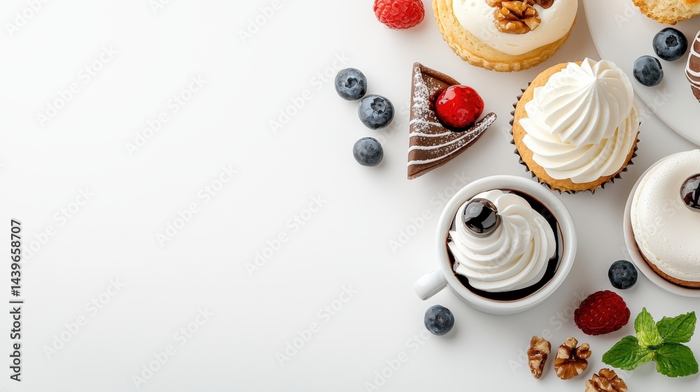 Delicious assorted mini cakes and cupcakes with fresh berries and nuts arranged artfully on a bright white background offe ample copy space for text or ing. Delicious assorted mini cakes and cupcakes with fresh berries and nuts arranged artfully on a bright white background offe ample copy space for text or ing.