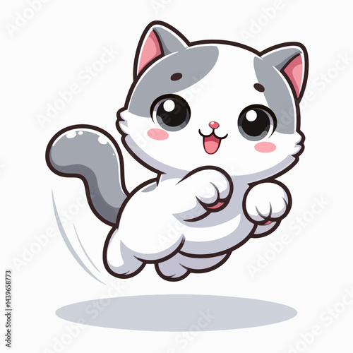 Charming, cartoon depiction of a grey and white cat in mid-air leap. Its expression and design style are appealing to the viewer.