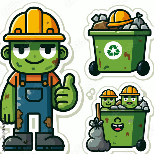 Cartoon graphic design of a green-skinned zombie dressed as a sanitation worker giving a thumbs up and a recycling bin,  with a humorous and friendly representation.
