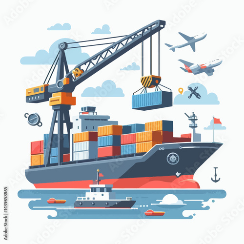 Colorful, flat design illustration depicts a cargo ship being loaded by a crane, with other elements of port operations in the background.