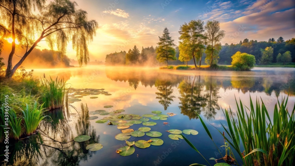 Obraz premium Serene Sunrise Over Misty Lake with Water Lilies and Trees Reflected in Still Waters