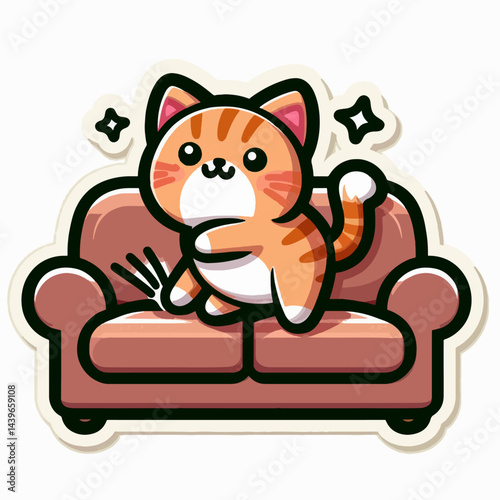 Digital illustration of a cartoon orange tabby cat, seemingly having fun on a piece of furniture.