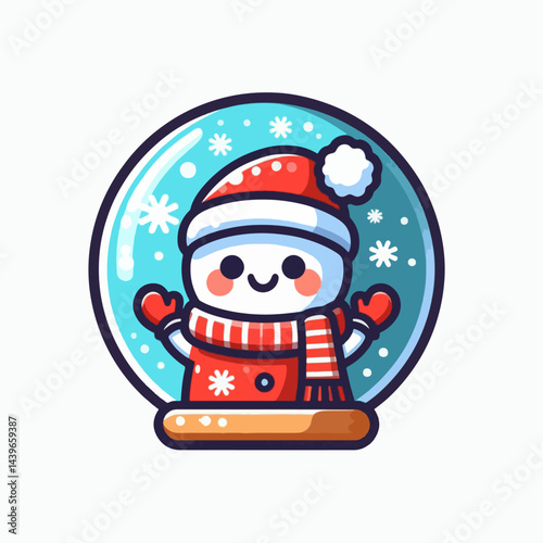 Friendly snowman, dressed in a red hat and scarf, and holding mittens, is nestled inside a transparent glass globe filled with snow.