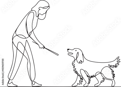 A minimalistic black linear continuous line art drawing of a woman training a playful dog with a stick during a walk isolated on a white background representing friendship and discipline