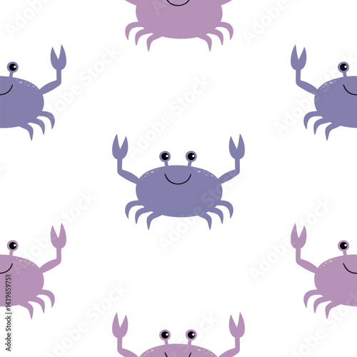 Childish seamless pattern with cartoon crabs. Inhabitants of the underwater world on a white background.