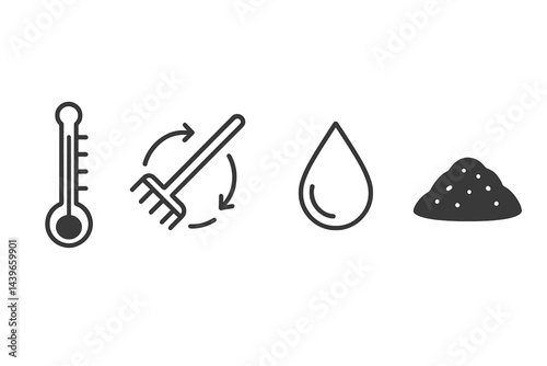 Composting icons showing temperature, aeration, water, and rich soil