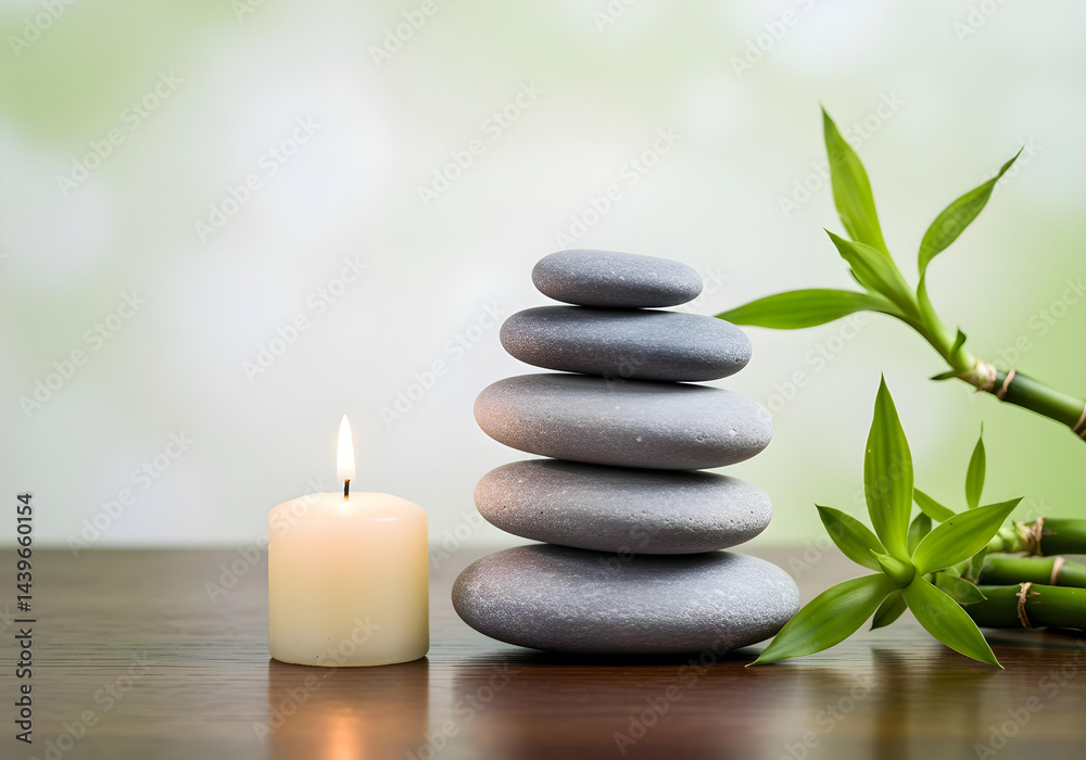 Obraz premium Serene Stone Stack with Bamboo and Candlelight on Polished Wood