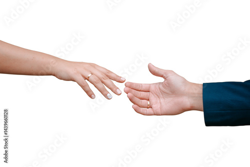 Two hands reaching out to each other on a white background. Man and woman union. The image can symbolize cooperation, support, love, partnership, help or any relationship. Wedding.