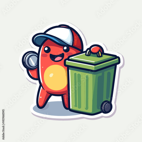 Cheerful cartoon figure is shown collecting a metal can next to a green trash can, suggesting environmental awareness.