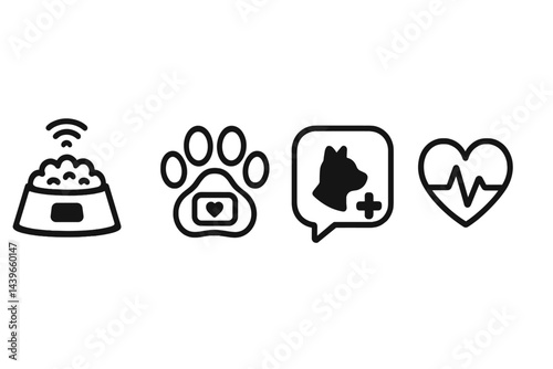Pet-care icons linking food, movement, consultation, and vitals