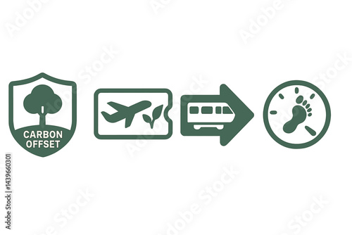 Sustainable-travel icons merging offsets, choice, and measurement