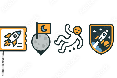 Space-tour icons featuring ticket, pin, weightless joy, and badge