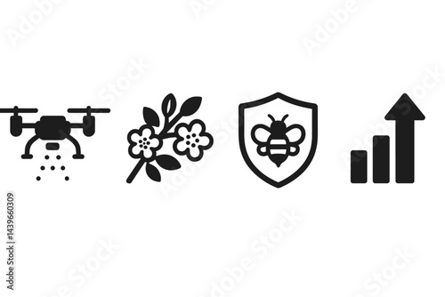 Ag-tech icons linking UAV pollination, blossoms, protection, and output