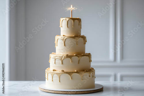 Elegant four tier celebration cake with golden drip and sparkler candle