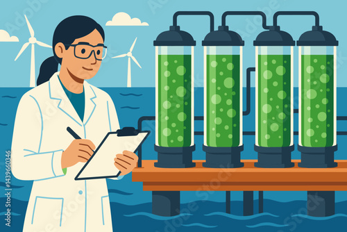 Flat blue-tech scene merging green cylinders, ocean horizon, and lab gear