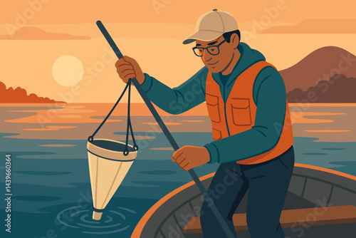 Flat marine-biology scene showing research boat silhouette and rising sun