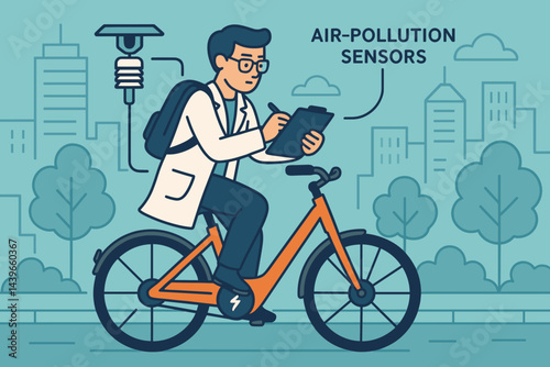 Flat mobile-lab scene merging bike ride, sensor pack, and cityscape