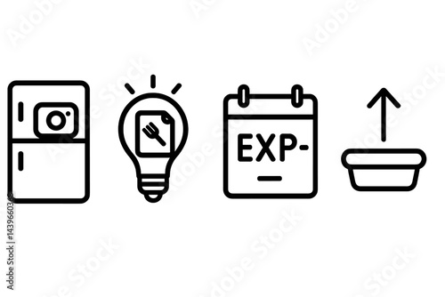 Kitchen-tech icons tackling monitoring, ideas, timing, and sharing