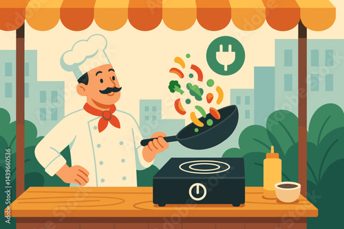 Flat clean-energy cooking scene with induction hob, wok flames, and bright veggies