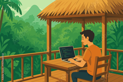 Flat work-from-anywhere scene merging laptop, hammocks, and jungle view