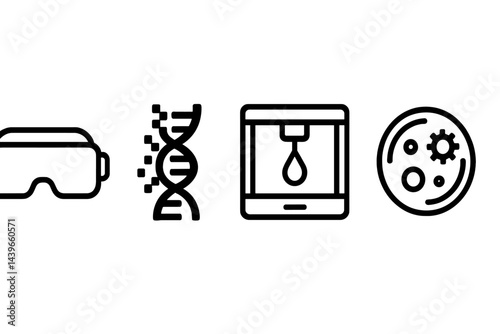 Science-tech icons linking immersion, genetics, printing, and culture