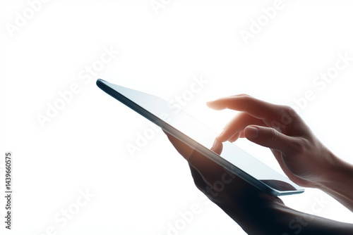 ultra-realistic close-up of a person's hands holding a digital tablet in landscape mode, no face visible, tablet screen glowing, isolated on white background