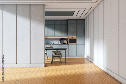 Schilderij op canvas Modern minimalist kitchen interior with wooden parquet floor, built-in cabinets, and cozy lighting in a bright apartment space