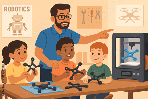 Flat STEM-learning scene showing printers, drone parts, and excited students