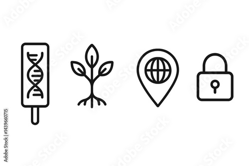 Family-history icons depicting sampling, lineage, world roots, and security