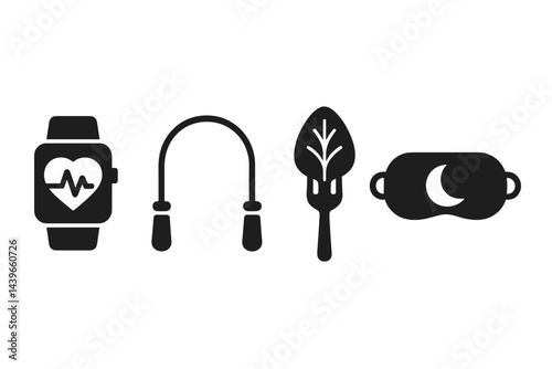 Health-app icons linking vitals, cardio, nutrition, and rest