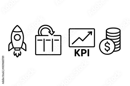 Business icons summarizing launch, workflow, metrics, and capital